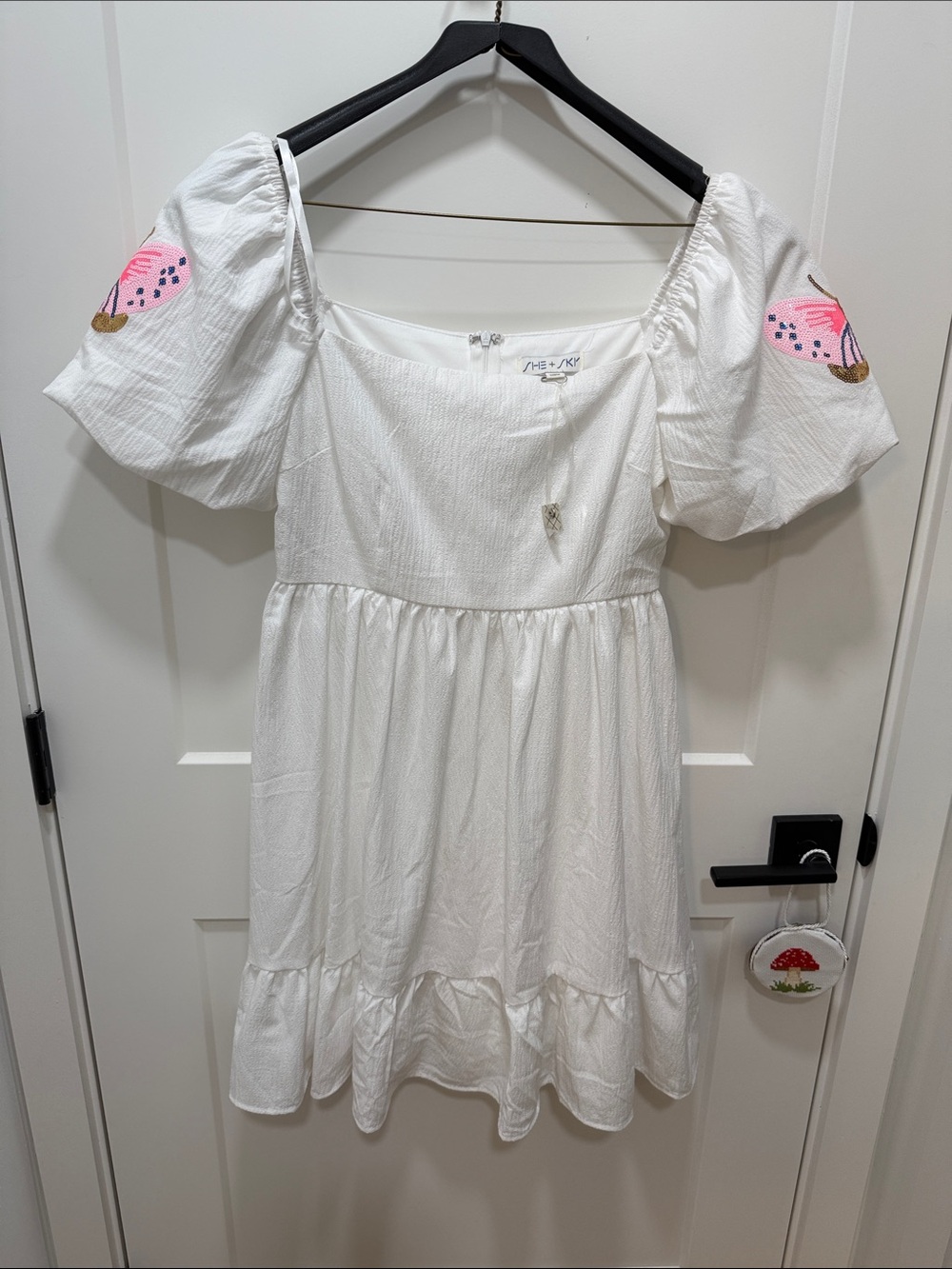 She + Sky White Puff-Sleeve Kids Dress with Pink Sequin Butterly Detail